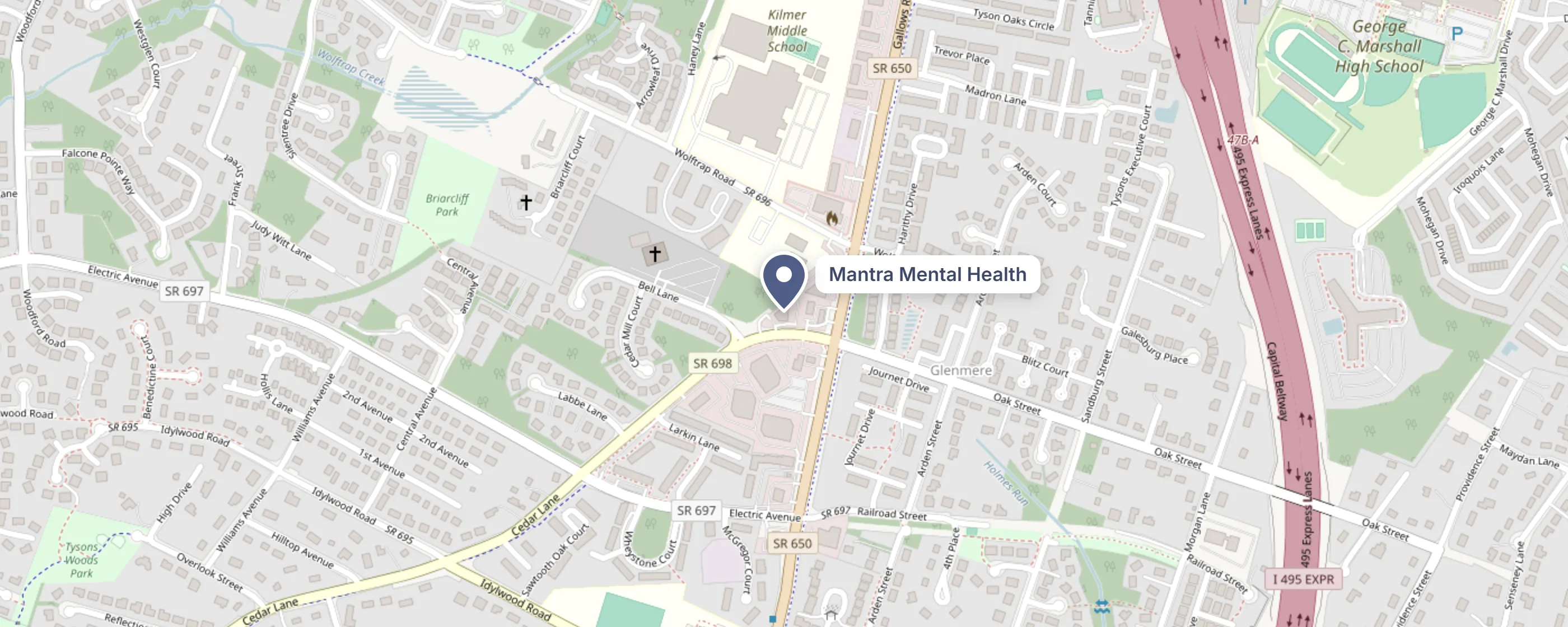 Map of the office at 2220 Cedar Lane, by Gallows Road and Wolftrap Road in Tysons. Opens Google Maps.
